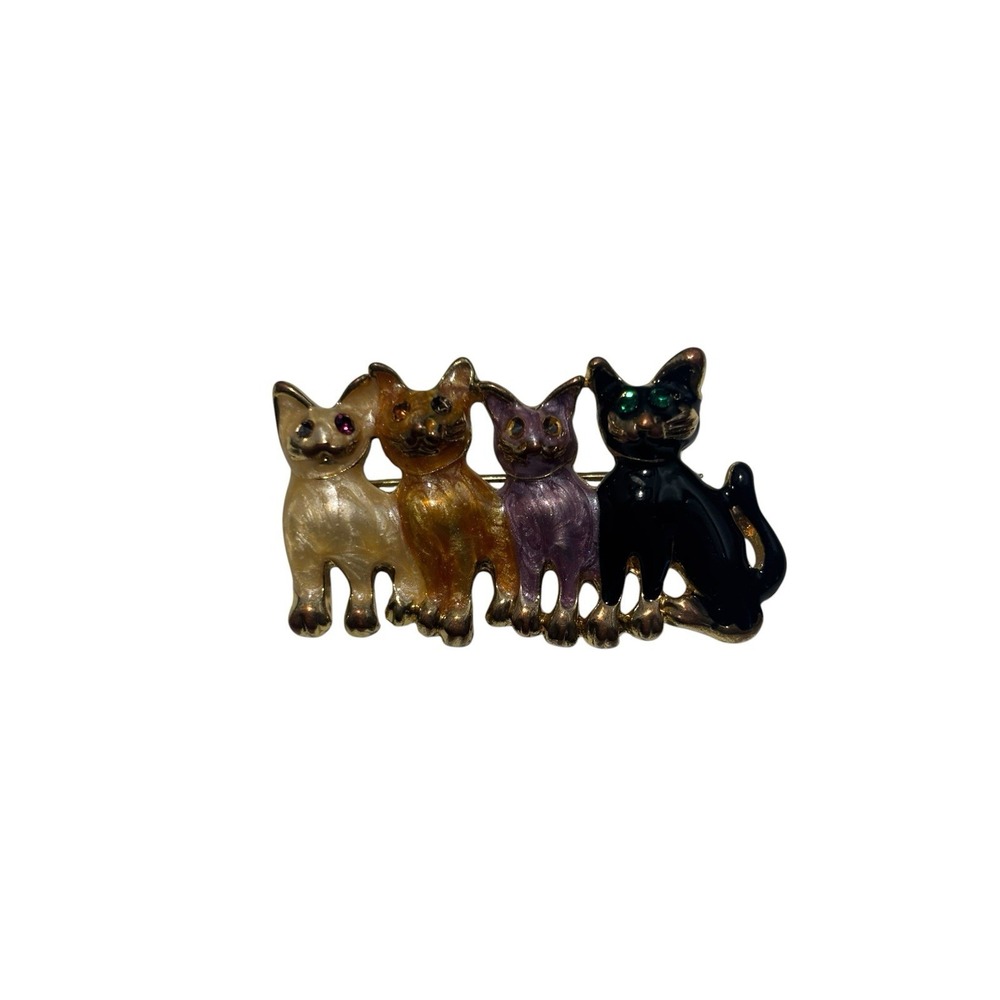 Vintage Gold Tone Multicolor Shiny Enamel Rhinestone Eyes Kitty Cats Brooch Pin